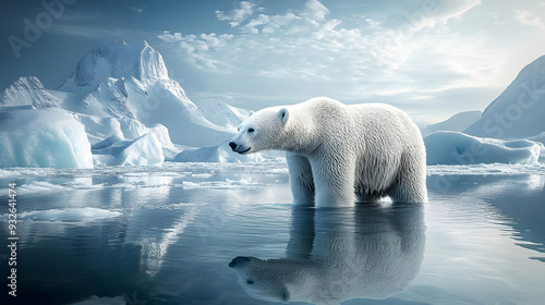 A polar bear stands in icy ...