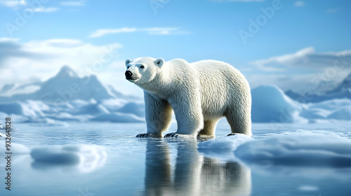A polar bear stands on ice ...