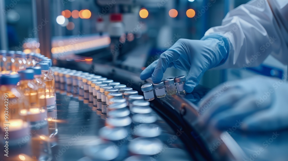 A gloved hand inspects vials on a production line. A gloved hand inspects vials on a production line.