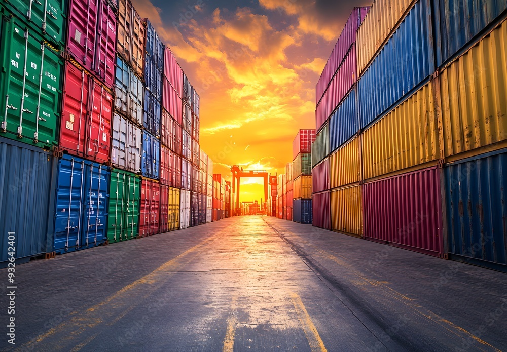 Fototapeta premium Colorful cargo containers stacked in a container terminal and working loading dock trucks at sunset, depicting a business logistics