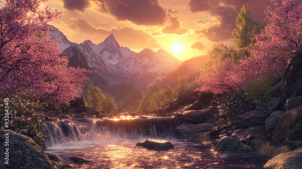 Fototapeta premium Majestic Mountain Sunset with a Serene Waterfall