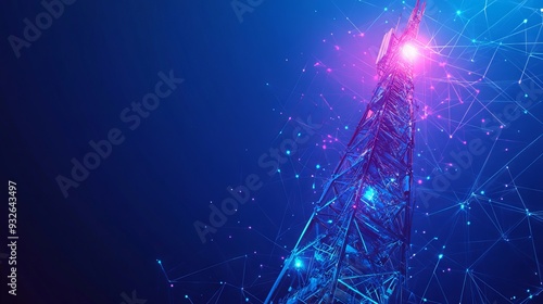 Blue abstract 3d isolated telecommunication tower. Abstract 3d blue and purple illustration with connected dots. Vector color mesh