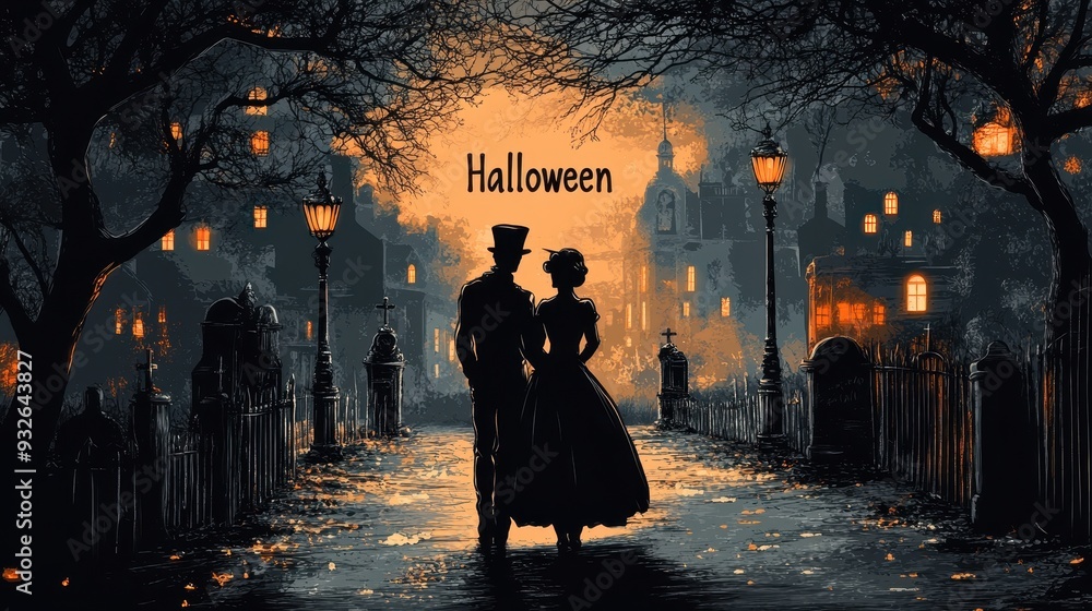 Fototapeta premium A Victorian-era couple in a dark, eerie graveyard, crayon drawing 