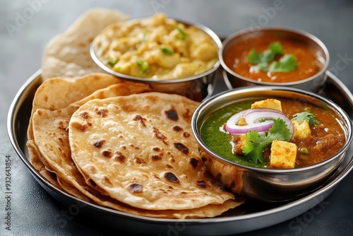 North Indian food in lunch Tiffin includes Rajma Chawal Paneer Butter Masala Roti Choley Puri photo