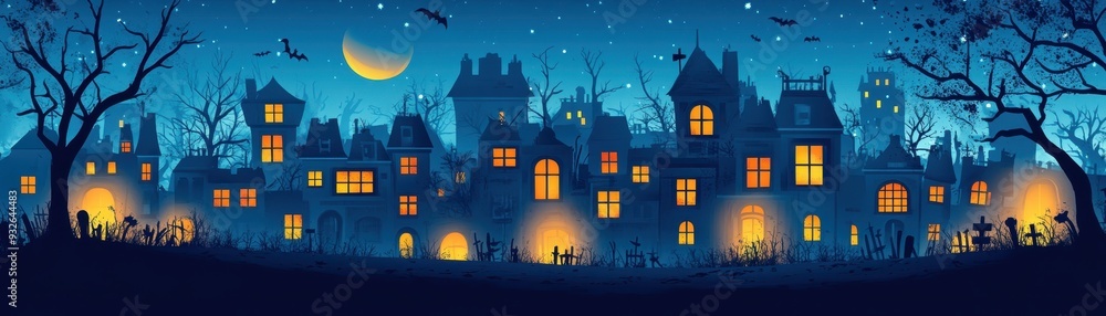 Crayon-drawn haunted apartment building with glowing windows and shadowy figures, Halloween flat lay, vector crayon style, web banner copy space Crayon-drawn haunted apartment building with glowing windows and shadowy figures, Halloween flat lay, vector crayon style, web banner copy space