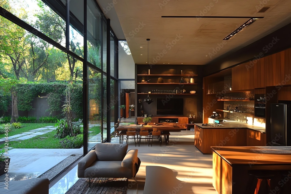 Modern Living Room with Large Windows and Backyard View Modern Living Room with Large Windows and Backyard View