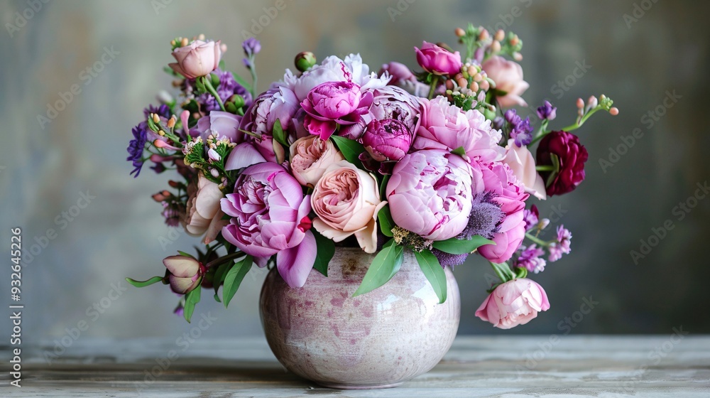 3. An exquisite spring bouquet with pink and purple hues, presented in a round ceramic vase, featuring a lovely mix of peonies and roses, perfect for gifting to a girl or for occasions such as 3. An exquisite spring bouquet with pink and purple hues, presented in a round ceramic vase, featuring a lovely mix of peonies and roses, perfect for gifting to a girl or for occasions such as