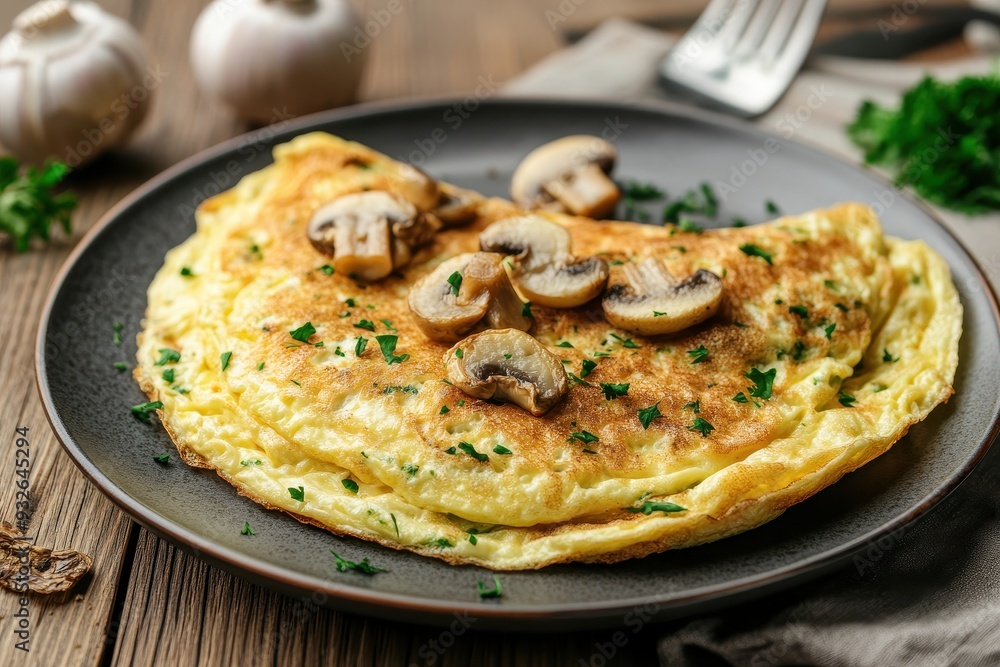 Omelette with mushrooms for breakfast on wood background Omelette with mushrooms for breakfast on wood background