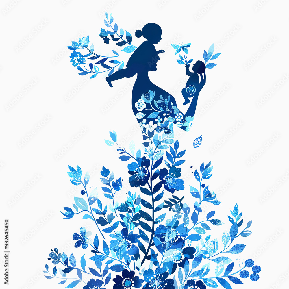 Mother and Child Silhouette with Blue Floral Design Mother and Child Silhouette with Blue Floral Design