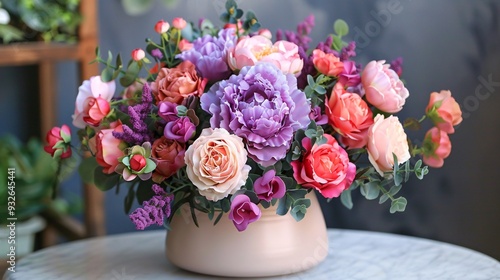 5. A charming bouquet of spring flowers in pink and purple, arranged in a round ceramic vase, featuring a blend of peonies and roses, perfect for gifting on Mother's Day, Valentine's Day, or Women's