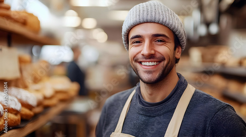 A smiling baker in a bakery...