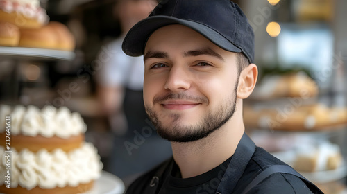A smiling baker in a bakery...
