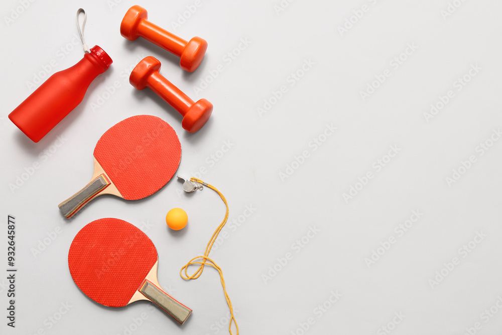 Whistle and sports equipment on grey background Whistle and sports equipment on grey background
