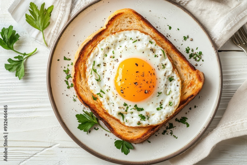 Overhead shot of Croque Madame a French sandwich with ham cheese and egg on plate with white wooden background Overhead shot of Croque Madame a French sandwich with ham cheese and egg on plate with white wooden background