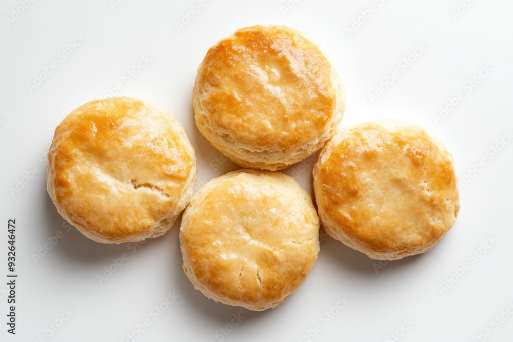 Overhead shot of five hot buttermilk biscuits on white backdrop Overhead shot of five hot buttermilk biscuits on white backdrop