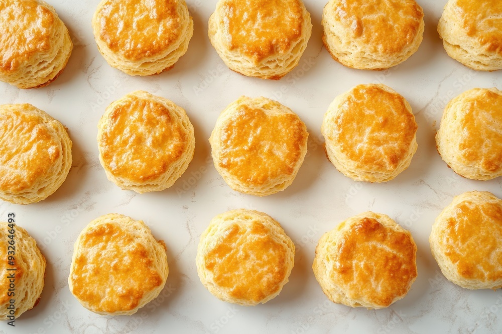Overhead shot of fresh southern biscuits scones on white table Overhead shot of fresh southern biscuits scones on white table