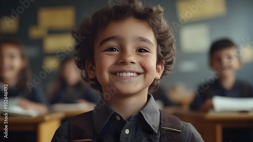 A smiling boy in a classroo...
