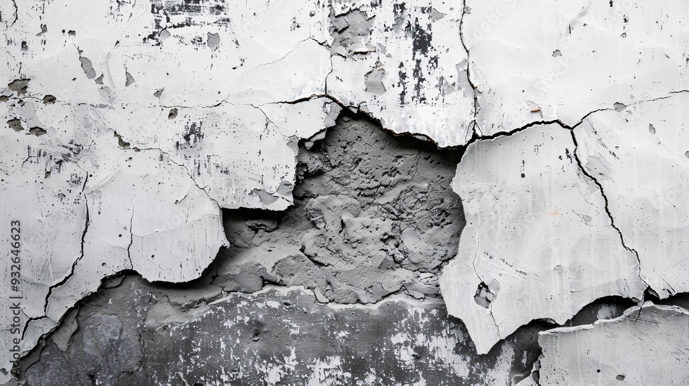Obraz premium 1. A cracked concrete wall with a mix of white, black, and grey tones, showcasing a prominent hole in the center, set against a textured background