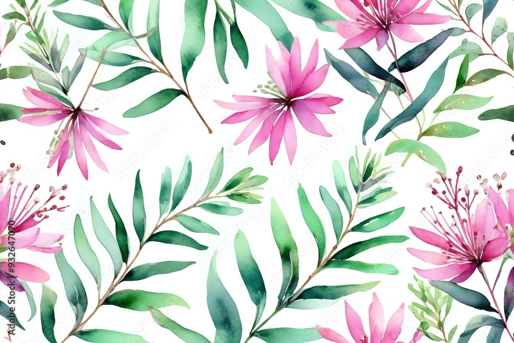 abstract neon Watercolor light green eucaliptus branches, leaves and pink wildflowers abstract neon Watercolor light green eucaliptus branches, leaves and pink wildflowers