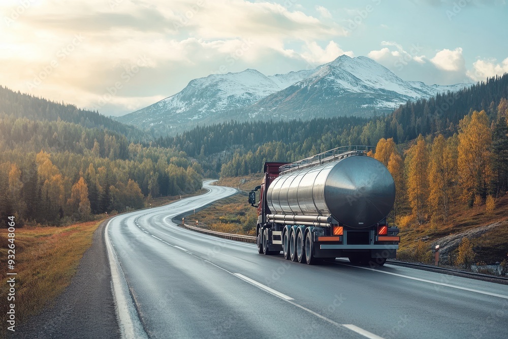 Silver tank truck on scenic road transports fuel Silver tank truck on scenic road transports fuel