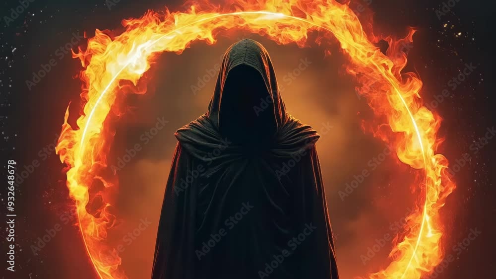Cloaked figure stands before a swirling portal of fire. Flames form a ...