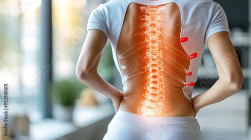 A stylized figure holding their back, with red arrows pointing to the lumbar region to signify pain.