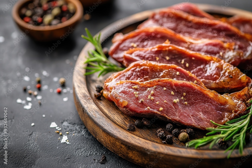 Smoked duck jerky on table rustic background top view with copy space Smoked duck jerky on table rustic background top view with copy space