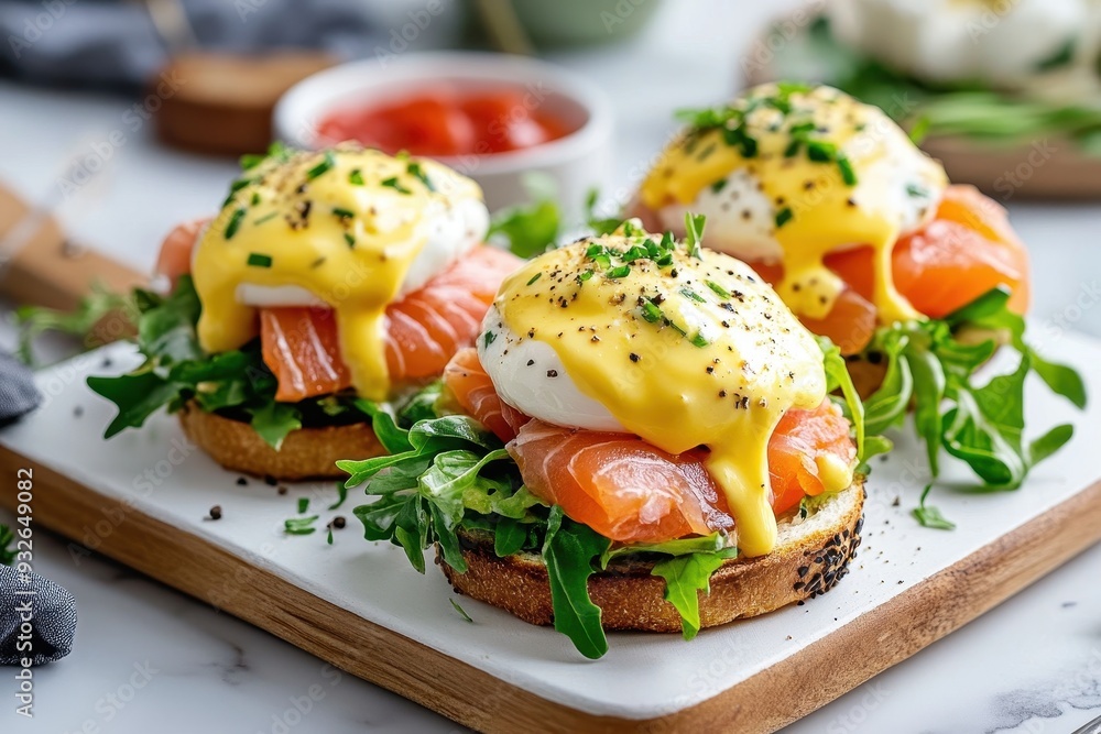 Smoked salmon Eggs Benedict with salad and hollandaise on a board Smoked salmon Eggs Benedict with salad and hollandaise on a board