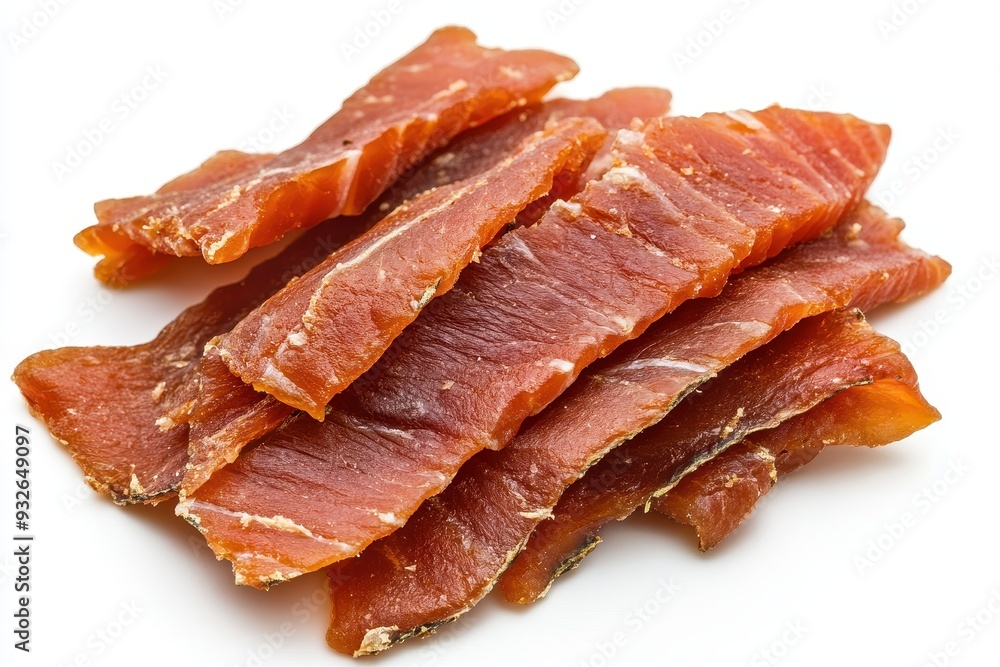 Smoked salmon jerky photographed on white background
