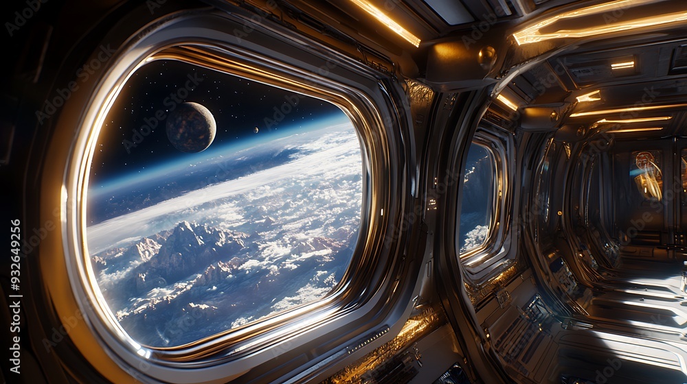 A spaceship interior with several porthole windows revealing a view of Earth from space with a large moon in the distance. A spaceship interior with several porthole windows revealing a view of Earth from space with a large moon in the distance.