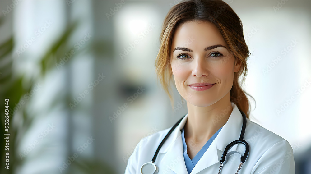 A smiling female doctor in a medical setting, exuding professionalism. A smiling female doctor in a medical setting, exuding professionalism.