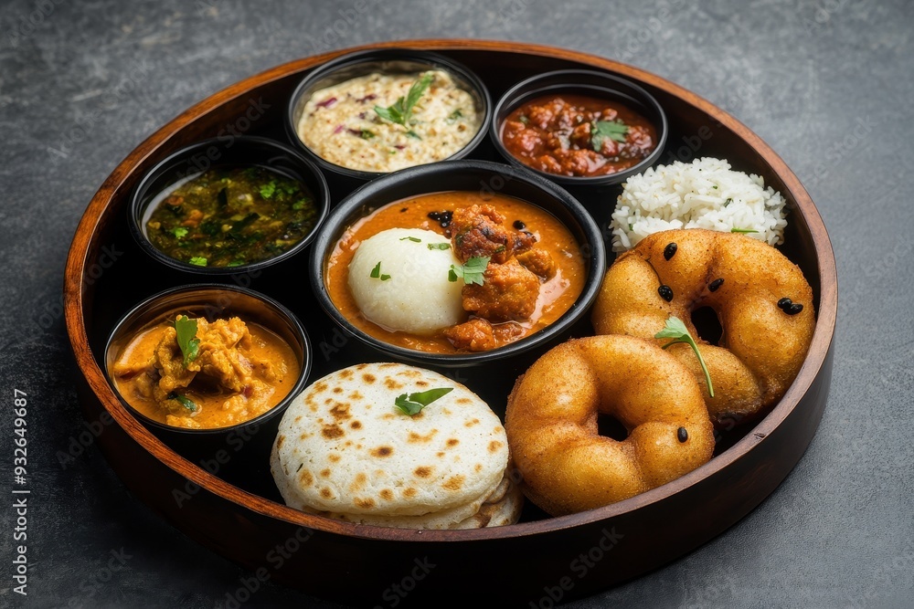 South Indian brunch box includes idli vada uttapam upma with sambar and chutney South Indian brunch box includes idli vada uttapam upma with sambar and chutney