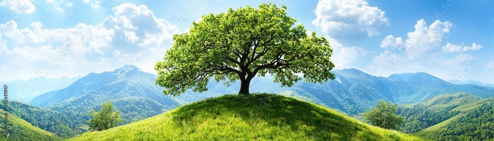 Serene landscape with a solitary tree atop a green hill, surrounded by mountains and blue sky with clouds. Serene landscape with a solitary tree atop a green hill, surrounded by mountains and blue sky with clouds.