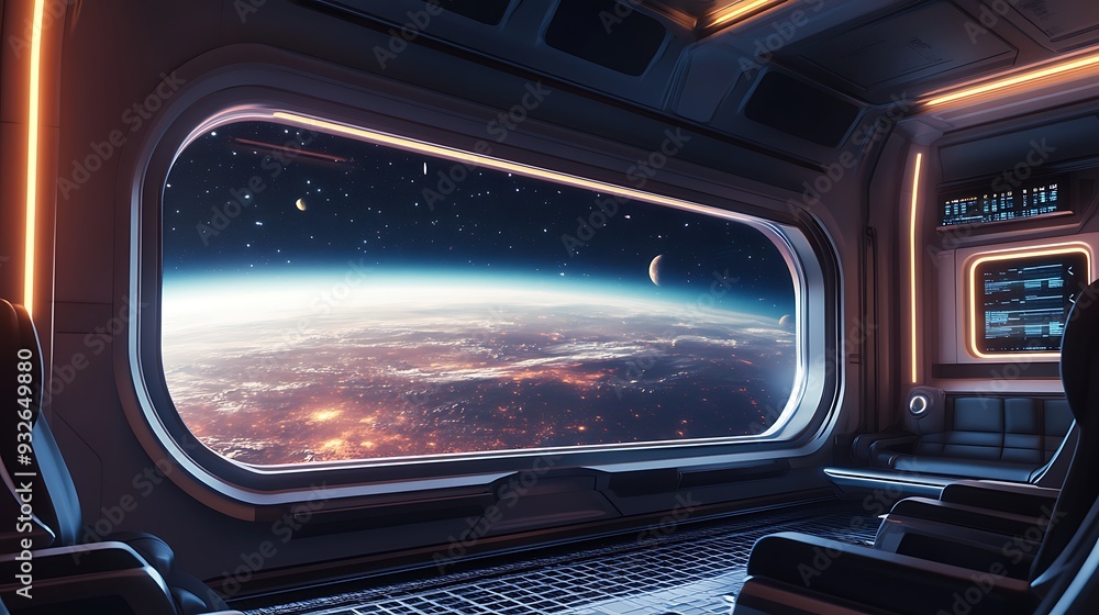 Fototapeta premium A view from the window of a spaceship, looking out at a planet and stars. The interior of the spaceship is futuristic and sleek, with comfortable seats and modern technology.