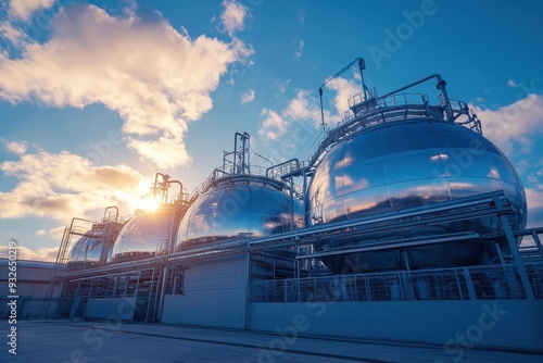 Spherical hydrogen storage tanks at gas production plant under blue sky Industrial BPVC equipment for hydrogen technologies in petrochemical chemistry plant