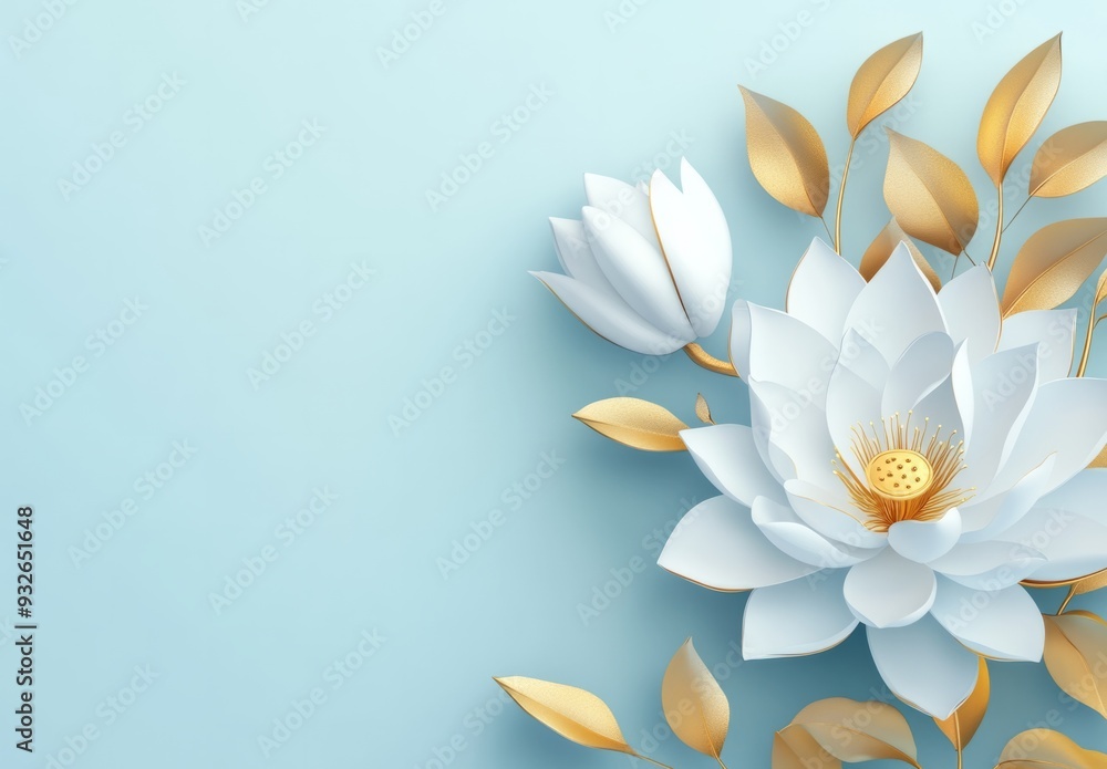 3D render of a white lotus flower with golden leaves on a light blue background 3D render of a white lotus flower with golden leaves on a light blue background