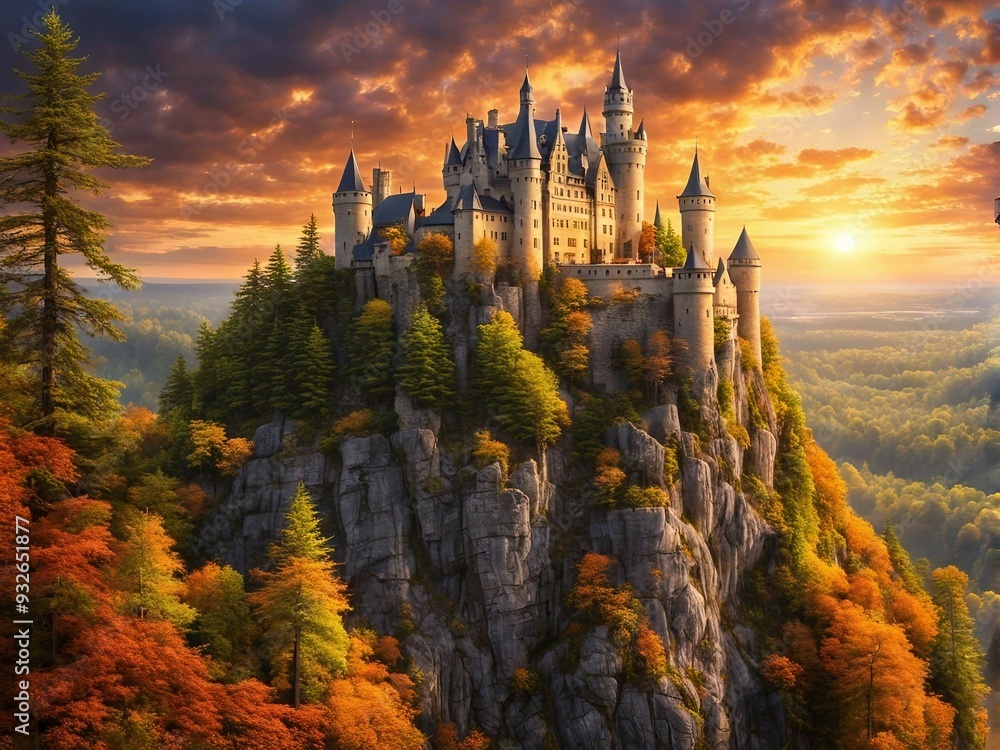 Obraz premium Fantasy Castle in Enchanted Forest. Generative AI.