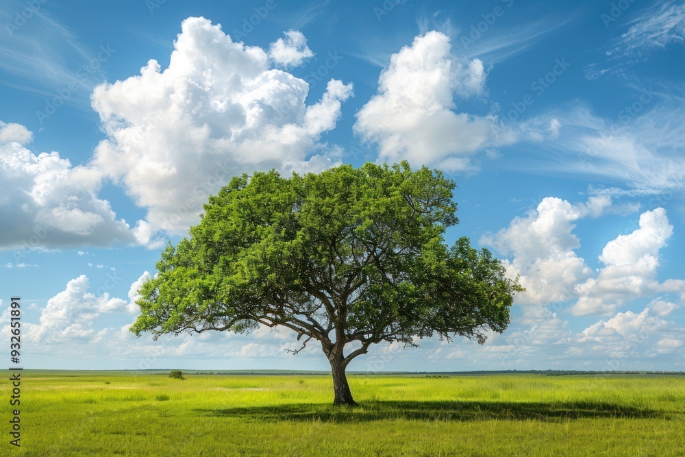 Photo of a single tree in the middle of an open field under a blue sky with white clouds Photo of a single tree in the middle of an open field under a blue sky with white clouds