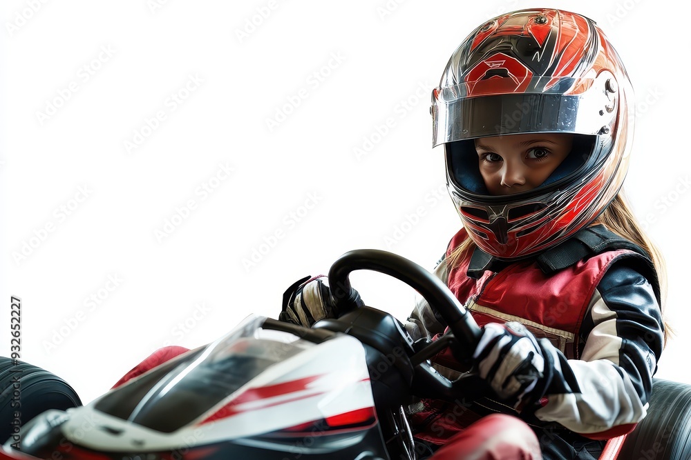 Teenage female kart racer isolated Teenage female kart racer isolated