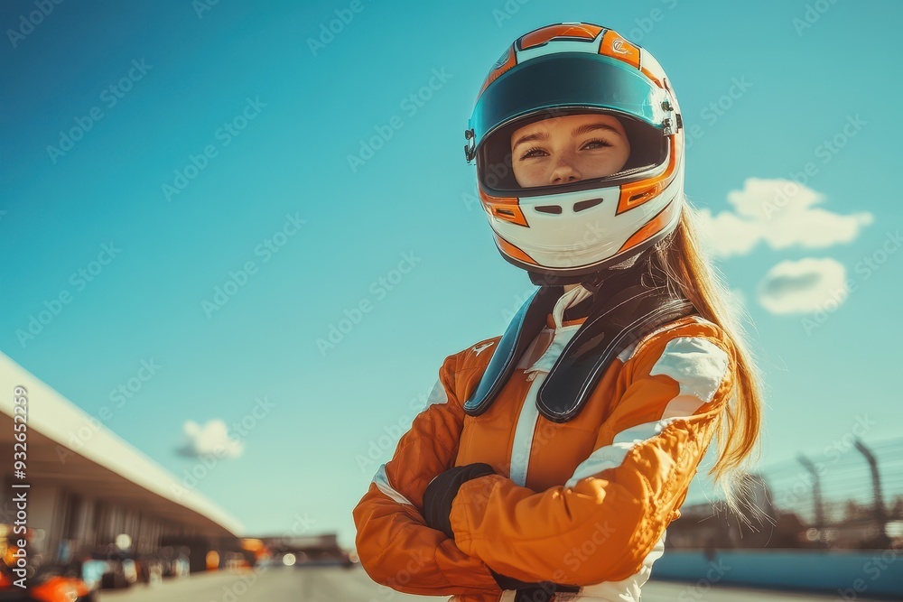 teenage girl racer with kart and helmet posing on track on sunny day teenage girl racer with kart and helmet posing on track on sunny day