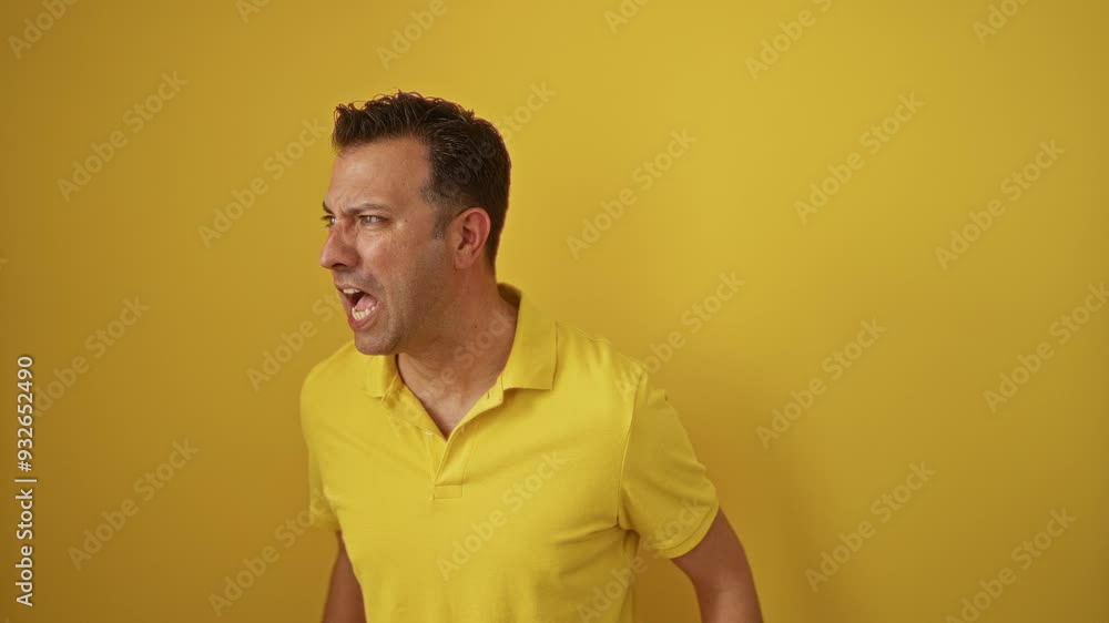 Hispanic man in middle age standing with mad expression shouting and raising arms in aggressive frustration over isolated yellow background Hispanic man in middle age standing with mad expression shouting and raising arms in aggressive frustration over isolated yellow background