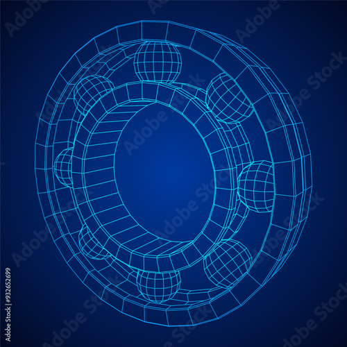 Roller bearing. Circular round rotating bearings used in industry for heavy equipment mechanical work and engineering. Wireframe low poly mesh vector illustration.
