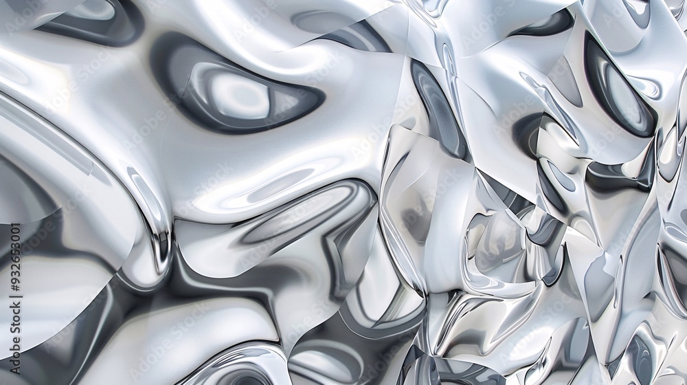 4. A contemporary metal wall with a futuristic 3D texture, featuring an abstract design with mirrored surfaces in shades of white and gray 4. A contemporary metal wall with a futuristic 3D texture, featuring an abstract design with mirrored surfaces in shades of white and gray