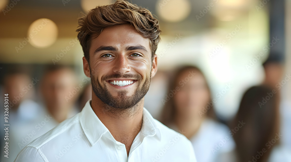Fototapeta premium A smiling man in a casual setting with blurred background figures.