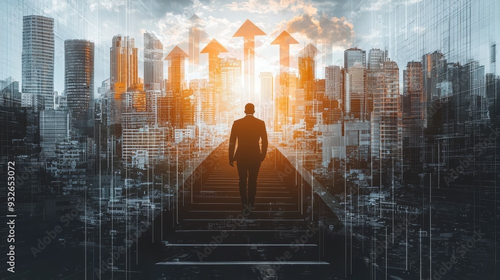 A businessman climbs a ladder against the backdrop of the city, symbolizing business growth A businessman climbs a ladder against the backdrop of the city, symbolizing business growth