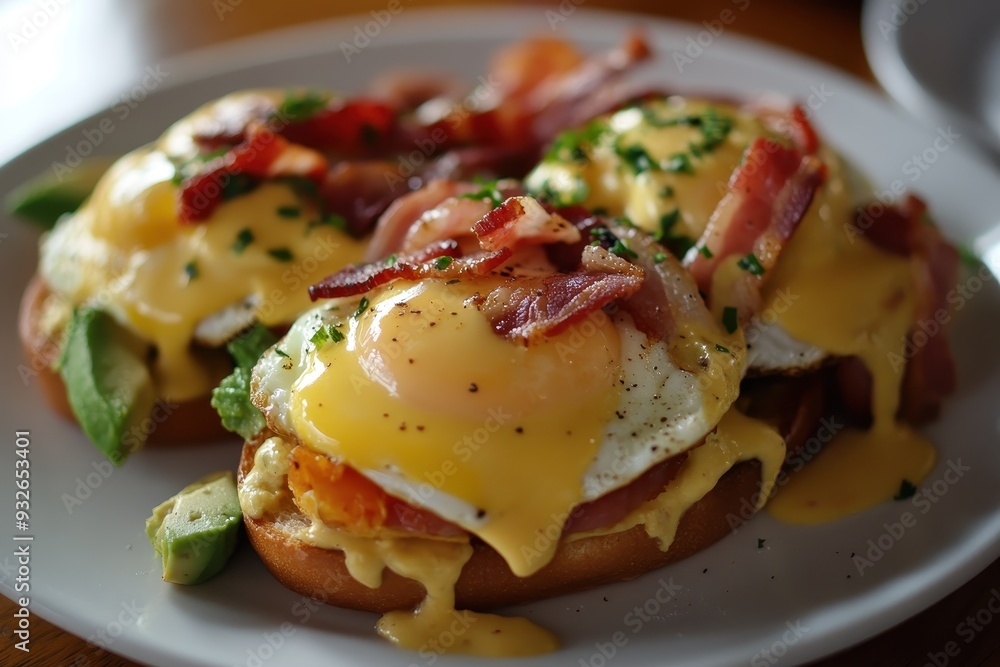 Up close shot of egg benedicts with avocado and bacon Up close shot of egg benedicts with avocado and bacon