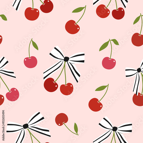 red tones of  cherries  with striped white and black  bows  seamless pattern