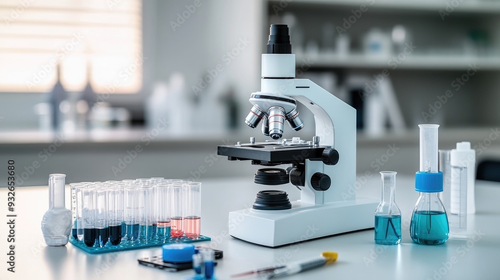 A biology lab background with a microscope, pipette, and test samples laid out for observation and analysis. A biology lab background with a microscope, pipette, and test samples laid out for observation and analysis.
