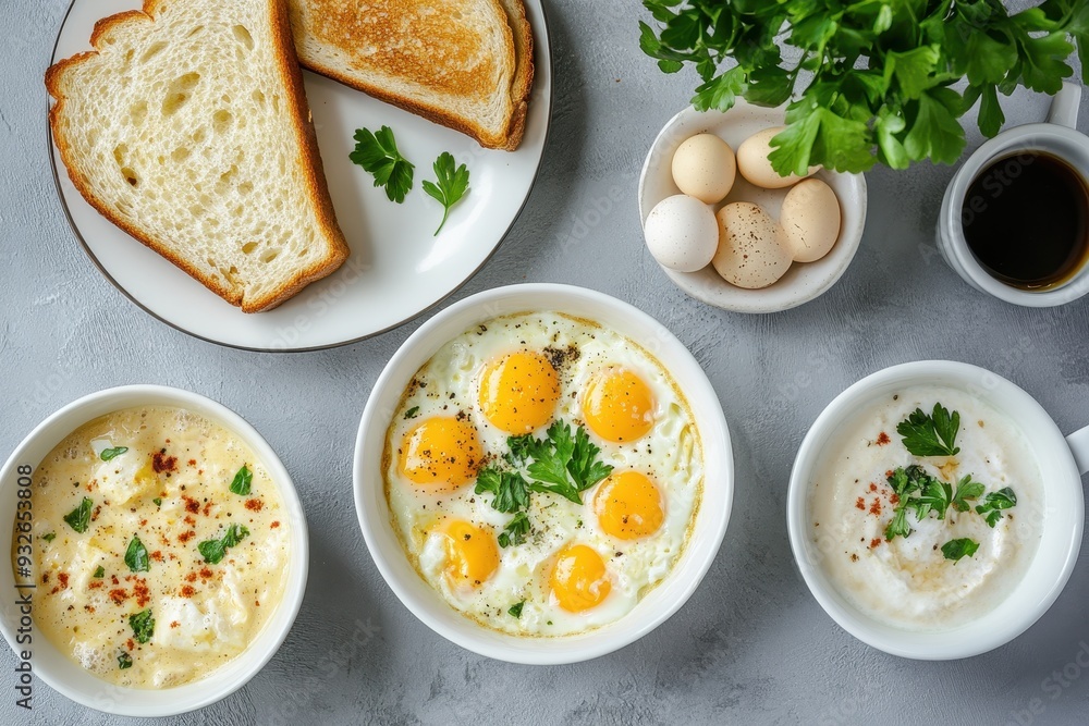 Variety of egg dishes with toast and coffee Overhead view Gray background Variety of egg dishes with toast and coffee Overhead view Gray background