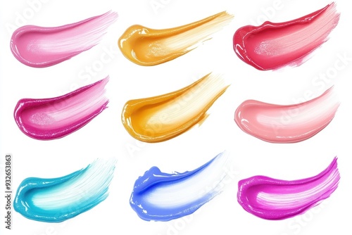 Variety of pastel lip gloss smears on white background